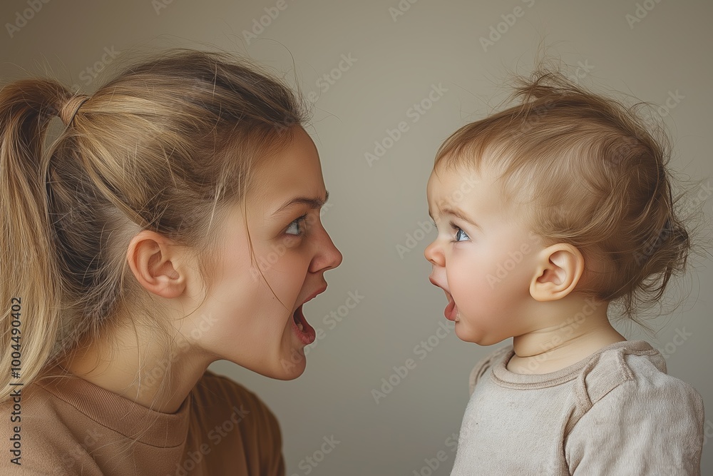 Mother and baby facing each other with exaggerated expressions, capturing a playful moment. Perfect for parenting articles, family blogs, or educational content about child development. Mother and baby facing each other with exaggerated expressions, capturing a playful moment. Perfect for parenting articles, family blogs, or educational content about child development.