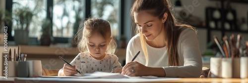 Mother and daughter drawing together at home, fostering creativity and family bonding, ideal for educational and familyoriented content photo