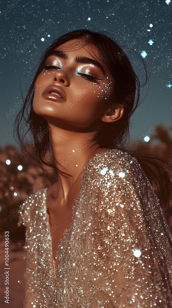 Obraz premium A beautiful woman wearing an elegant silver dress with long sleeves and a high neck stands under the starry and deep blue sky. In front of her are desert sand dunes, and the stars twinkle like diamond
