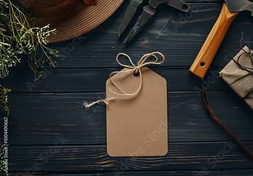 Blank Gift Tag Mockup with Tools & Hat