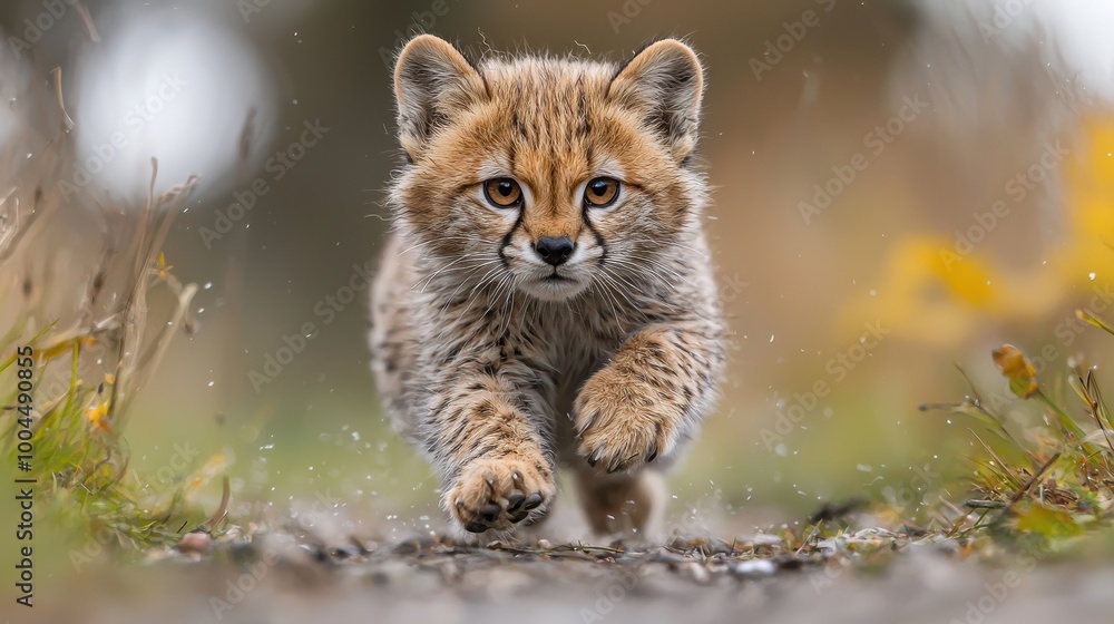 Obraz premium A playful young lynx cub runs along a grassy path in a natural habitat under soft, diffused sunlight during springtime