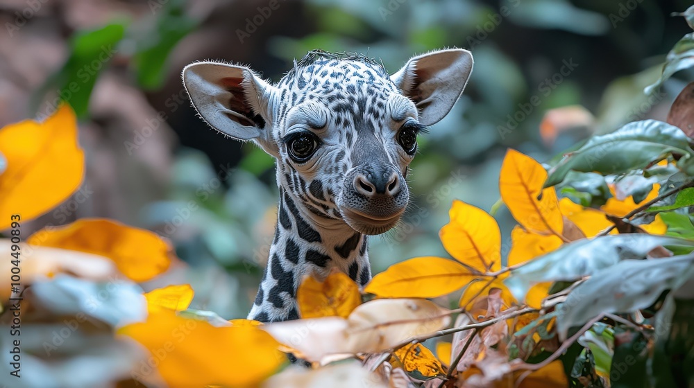 Obraz premium A young giraffe peeks through colorful autumn leaves in a lush jungle setting during a sunny day