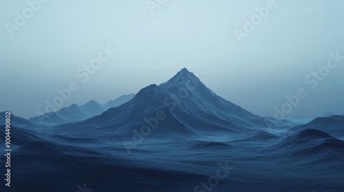 A majestic, dark blue-gray mountain rises against the twilight sky. Its rocky slopes and peaks stand out against the fading light. This 3D rendering captures the beauty of a mountainous landscape.