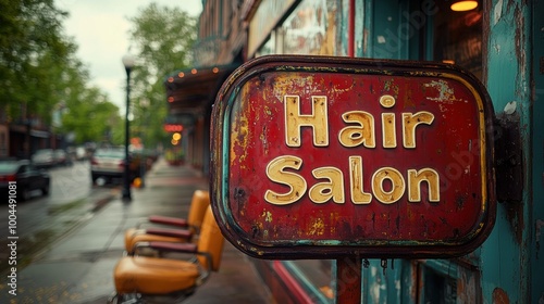 A rustic hair salon sign with weathered paint, situated on a quaint street with a view of classic barber chairs and a tree-lined sidewalk on a rainy day