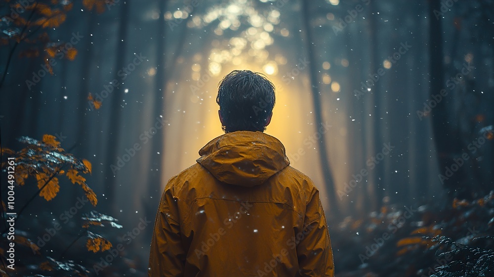 Man Standing in a Forest with Snow Falling Man Standing in a Forest with Snow Falling