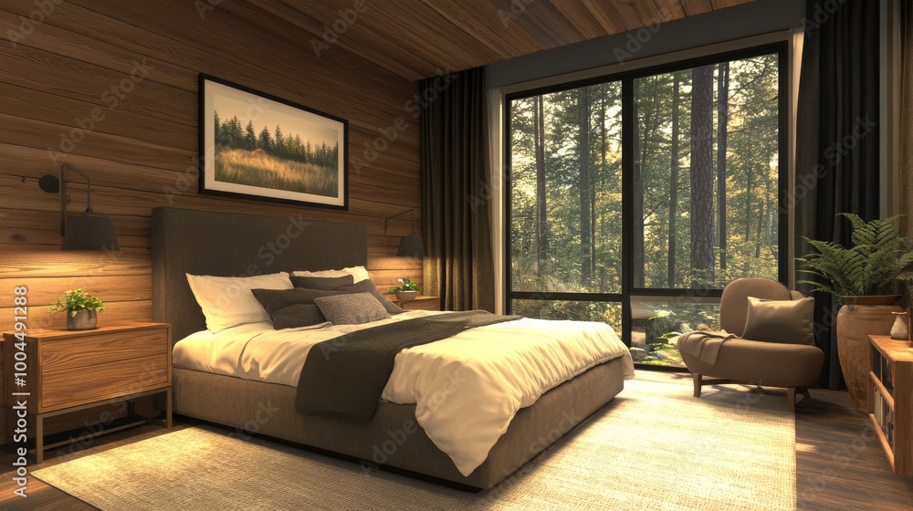 A modern bedroom with a large window and beautiful wooden walls, created using a computer program. A modern bedroom with a large window and beautiful wooden walls, created using a computer program.