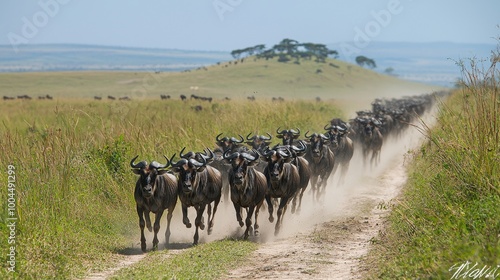 Wallpaper Mural A herd of wildebeest running along a dirt path in the African savanna under a clear sky during the daytime Torontodigital.ca