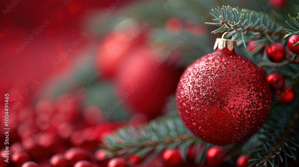 Obraz premium A close-up view of a glittering red Christmas ornament hanging on a green pine tree branch, symbolizing festive holiday decor and celebrations