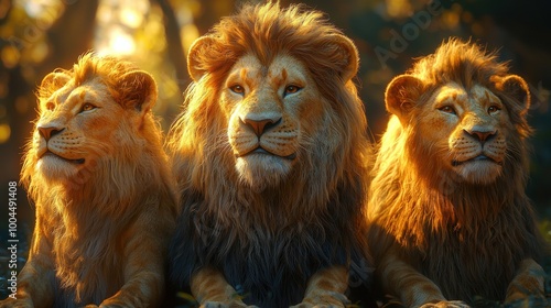 A trio of majestic lions resting peacefully in the golden sunlight of an African savanna during late afternoon