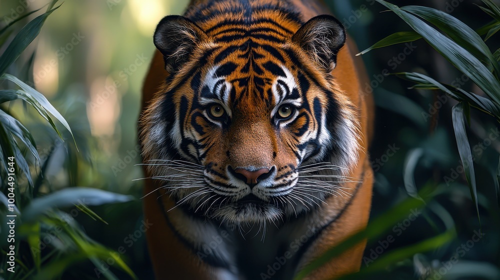 Majestic tiger prowling through dense jungle foliage during the golden hour of the early evening Majestic tiger prowling through dense jungle foliage during the golden hour of the early evening