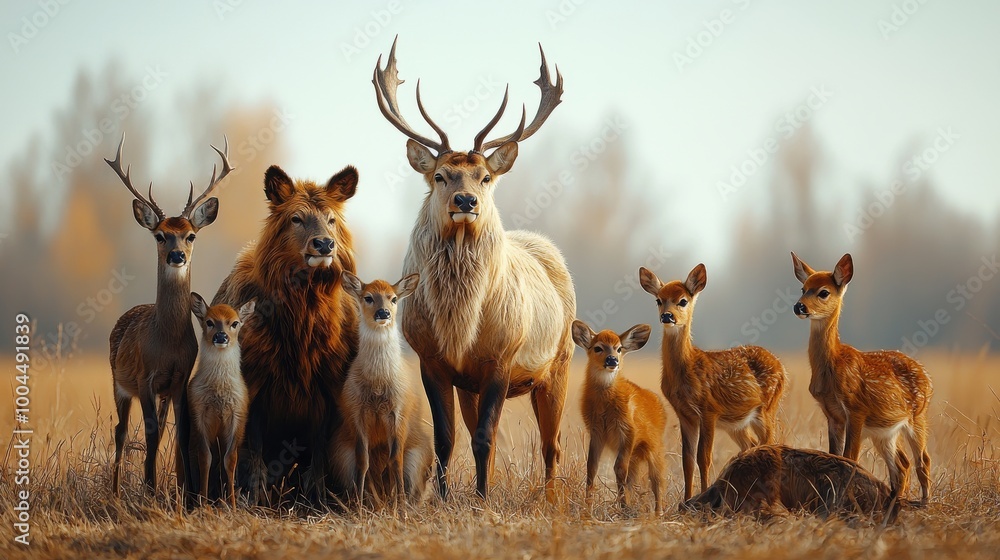 Obraz premium A gathering of deer, lion, and antelope in a serene autumn landscape with golden foliage in the background