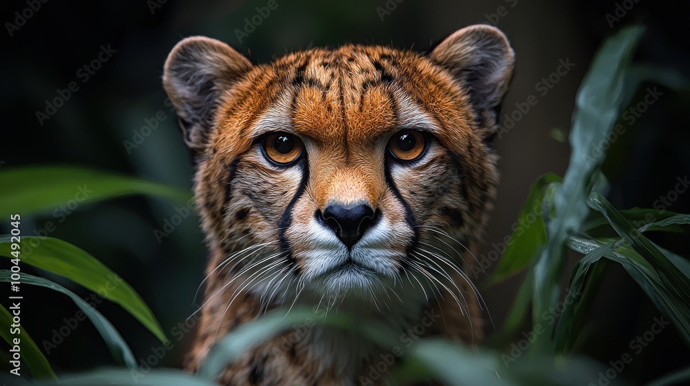 Obraz premium A close-up portrait of a cheetah in lush greenery, showcasing its striking features in a tranquil habitat during the afternoon