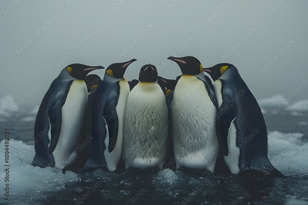Obraz premium Group Of Penguins Huddled Together On An Icy Surface