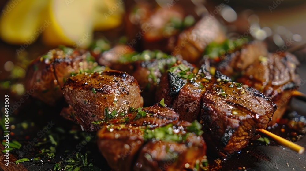Savory Peruvian Anticuchos, skewered grilled heart meat marinated in garlic and spices. A traditional street food delicacy from South America. Savory Peruvian Anticuchos, skewered grilled heart meat marinated in garlic and spices. A traditional street food delicacy from South America.