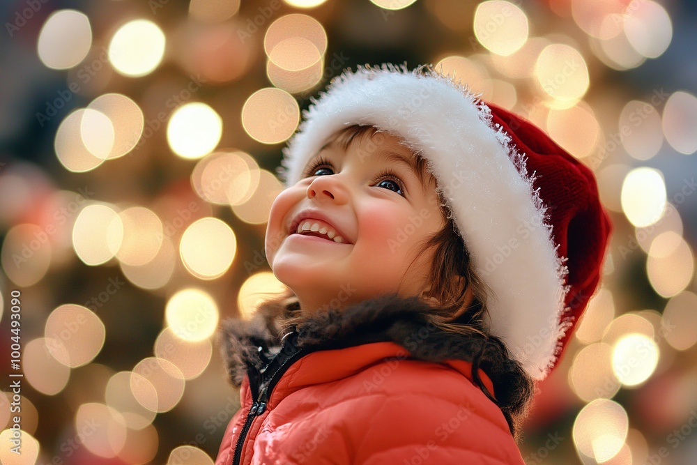 A small child dressed in winter clothes smiles happily at the sight of Christmas. Generated Ai