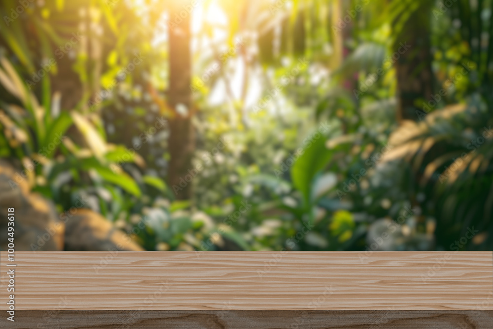 Beautiful blurred boreal forest background view with empty rustic wooden table for mockup product display. Picnic table with customizable space on table-top for editing. Flawless Beautiful blurred boreal forest background view with empty rustic wooden table for mockup product display. Picnic table with customizable space on table-top for editing. Flawless