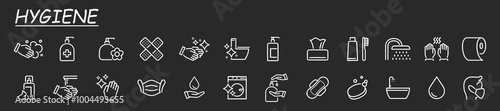 Set of icons related to hygiene. Linear icon collection on a grey background. Containing cleaning, disinfection, soap, bathing, sweep, shower, washing hands, clean and sanitation. Cleanliness concept