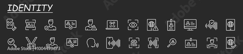 Set of vector line icons related to identity and cyber security. For website marketing design, logo, app, template, ui, etc. Grey background.