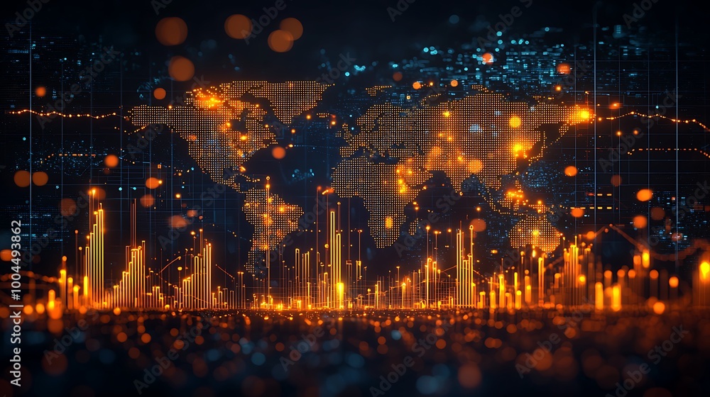 Fototapeta premium A futuristic world map lights up with global connectivity, networks glowing like stars.