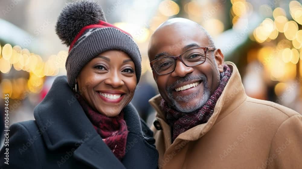 A cheerful african american senior couple enjoys the winter atmosphere at a bustling holiday market, surrounded by festive lights and decorations A cheerful african american senior couple enjoys the winter atmosphere at a bustling holiday market, surrounded by festive lights and decorations