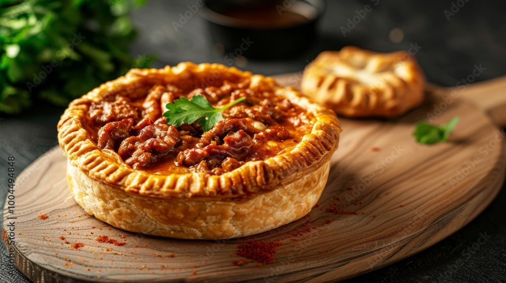 Australian meat pie, a classic savory pastry filled with minced meat and gravy, on a rustic wooden board. Iconic Aussie comfort food. Australian meat pie, a classic savory pastry filled with minced meat and gravy, on a rustic wooden board. Iconic Aussie comfort food.