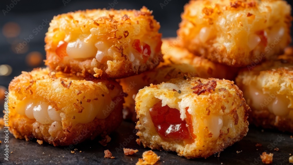 Deep-fried cheese slices in breadcrumbs. Deep-fried cheese slices in breadcrumbs.