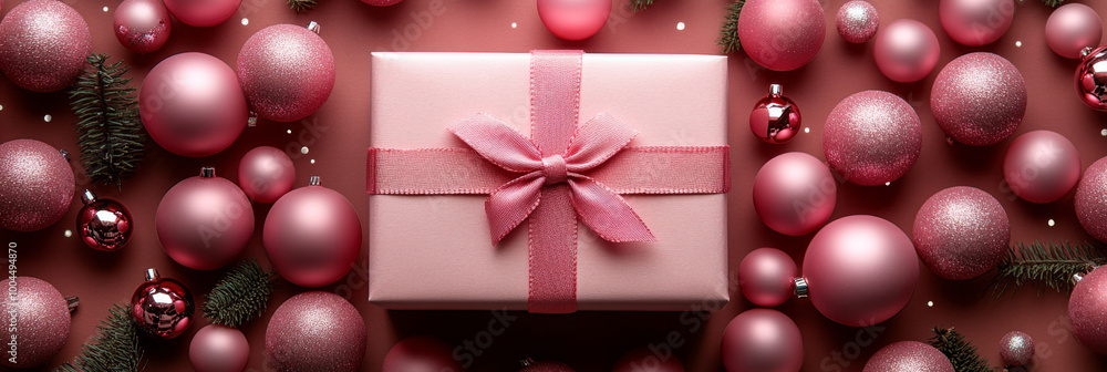 Pink gift box surrounded by sparkly ornaments. Pink gift box surrounded by sparkly ornaments.