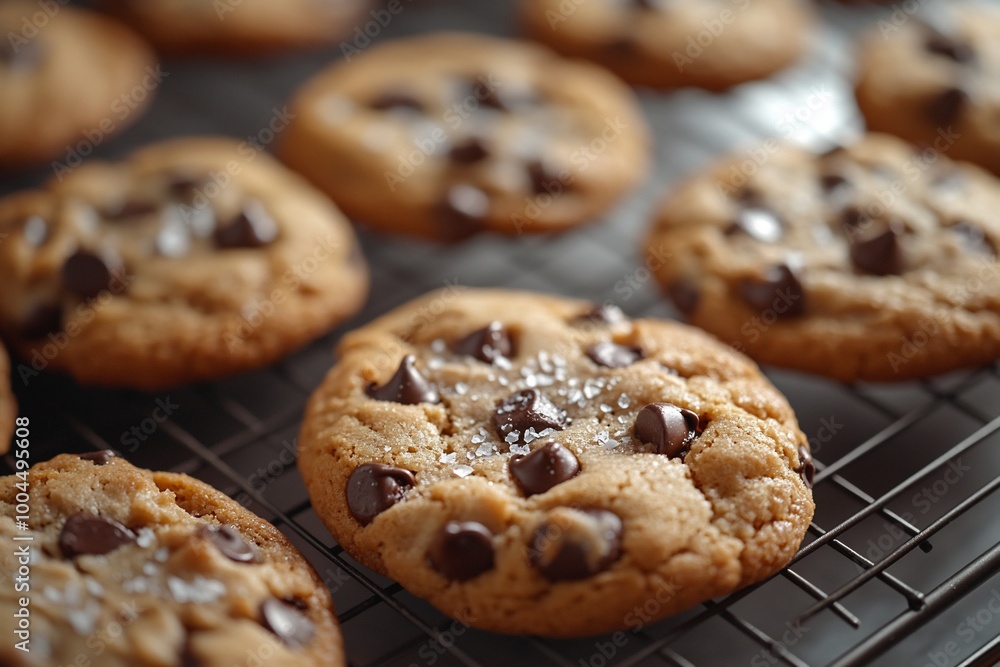 Close-up of freshly baked chocolate chip cookies on a cooling rack. Close-up of freshly baked chocolate chip cookies on a cooling rack.