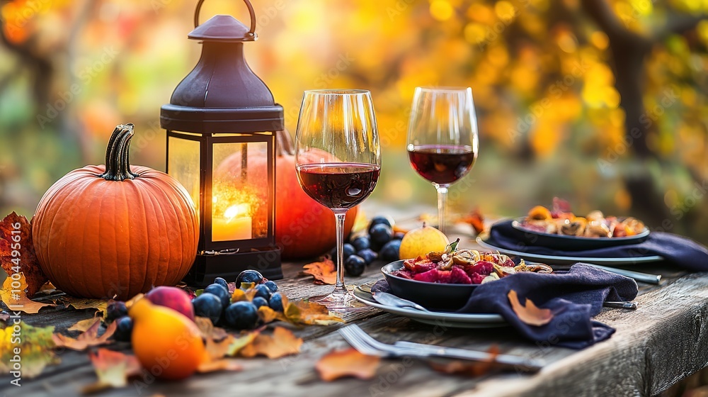 Beautiful Autumn dinner outdoor scene featuring a rustic wooden table decorated with pumpkins, glowing lanterns, and wine glasses. The table is set for a cozy evening meal Beautiful Autumn dinner outdoor scene featuring a rustic wooden table decorated with pumpkins, glowing lanterns, and wine glasses. The table is set for a cozy evening meal