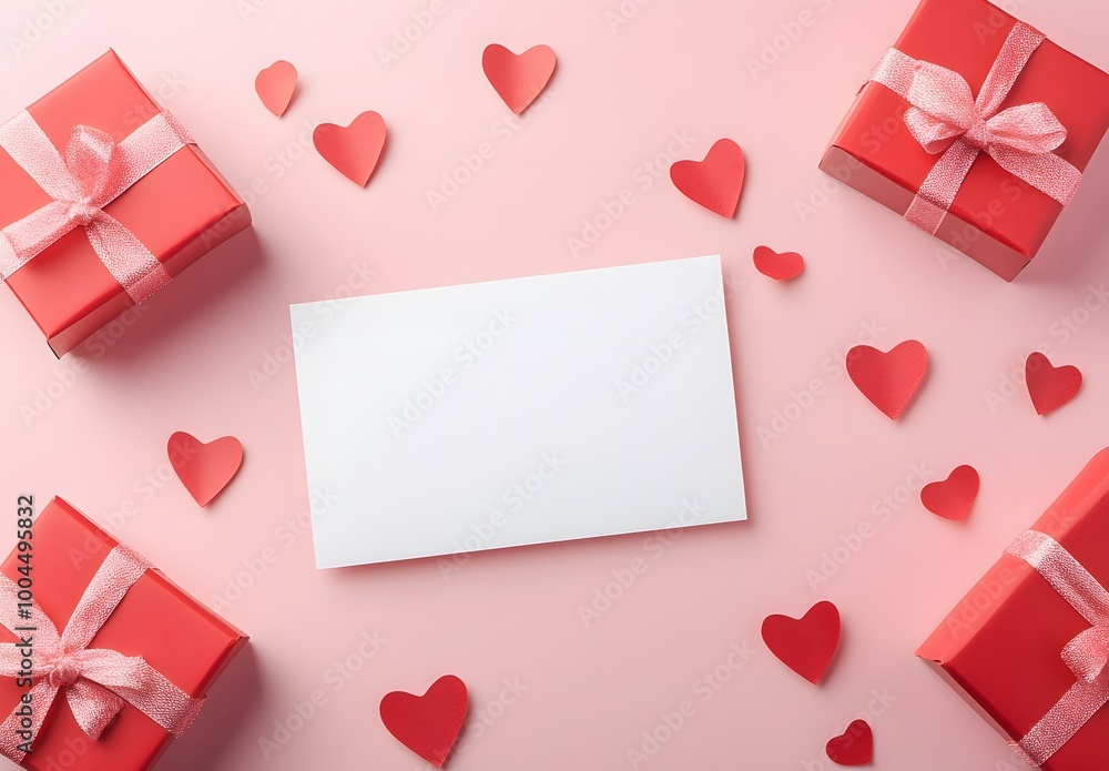 Valentine's Day Mockup: Blank Card, Red Gifts, Pink Background Valentine's Day Mockup: Blank Card, Red Gifts, Pink Background