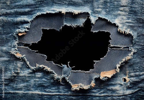 Torn Denim Jeans with Black Hole Closeup photo