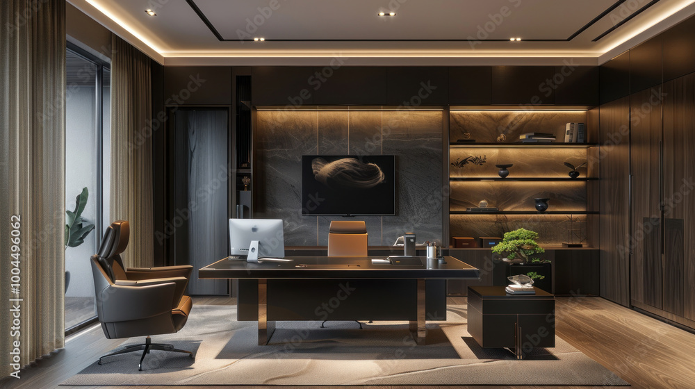 A home office designed for an executive, with sleek design, premium technology, and a video conferencing setup for board meetings. A home office designed for an executive, with sleek design, premium technology, and a video conferencing setup for board meetings.