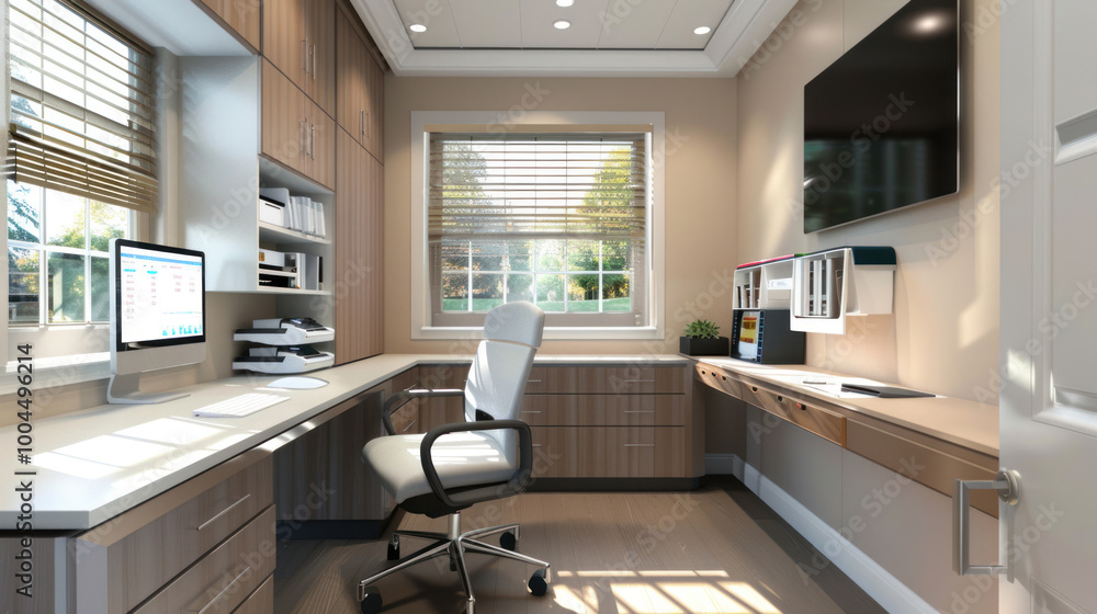 A home office designed for healthcare administrators, with organized files, digital patient management tools, and ergonomic seating. A home office designed for healthcare administrators, with organized files, digital patient management tools, and ergonomic seating.