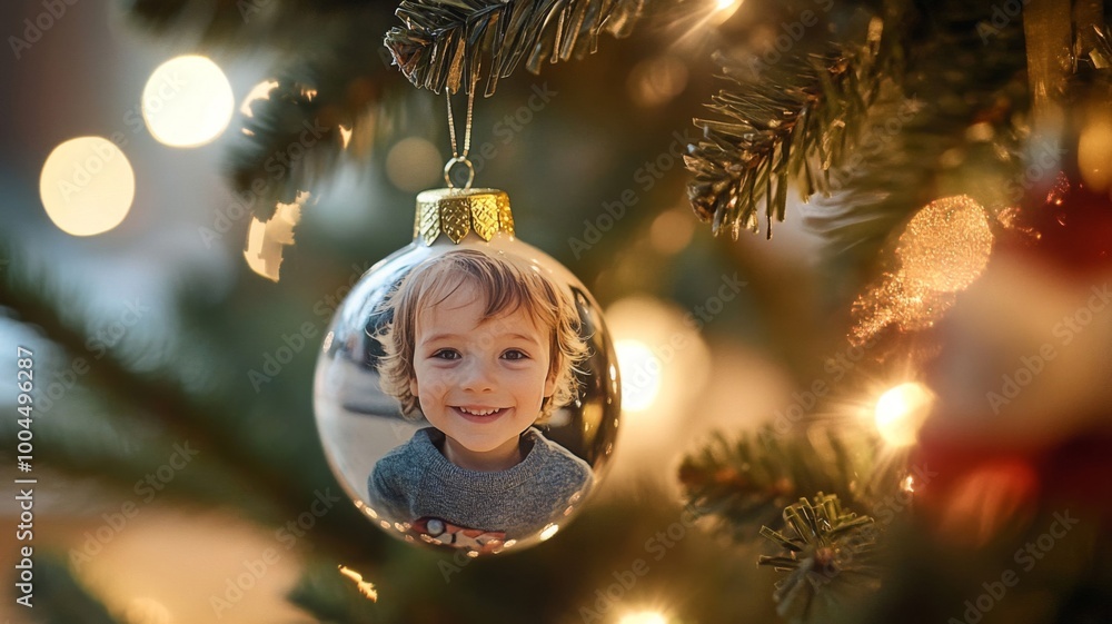 A Child's Photo Ornament Hanging on a Christmas Tree A Child's Photo Ornament Hanging on a Christmas Tree