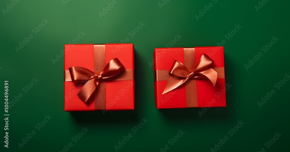 Two Red Gift Boxes with Green Ribbon on Green Background Two Red Gift Boxes with Green Ribbon on Green Background