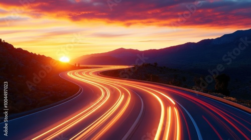 Serene Highway at Sunrise with Flowing Light Trails