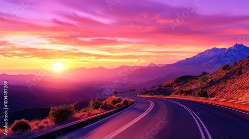 Scenic Highway with Sunset Over Mountains