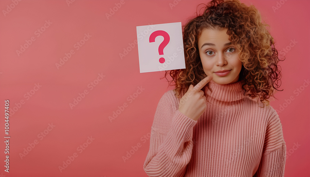 Woman holding question mark on pink background. Space for text Woman holding question mark on pink background. Space for text