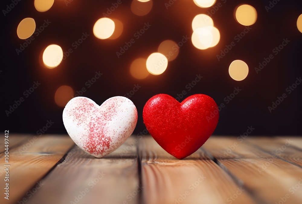 Red and White Hearts on Wooden Background Red and White Hearts on Wooden Background