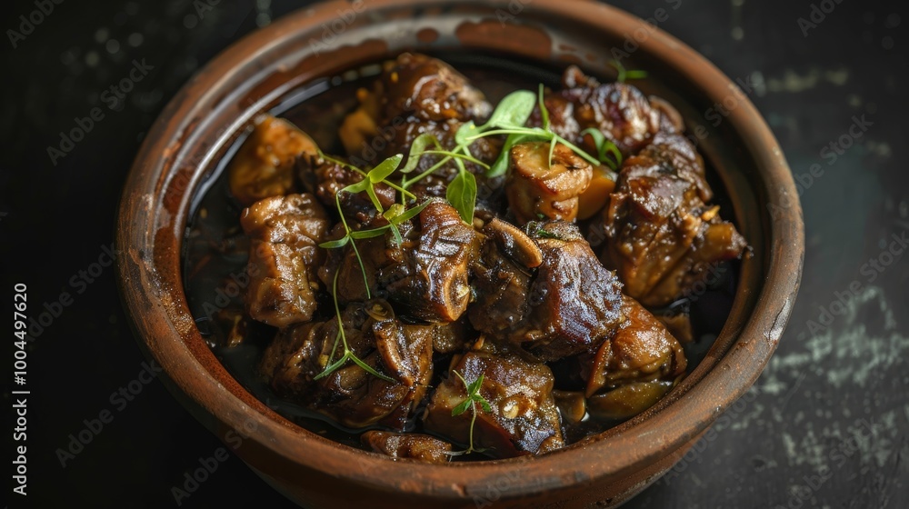 Traditional Filipino Adobo in a ceramic bowl. A savory dish of chicken and pork simmered in soy sauce, vinegar, and garlic. Perfect for food-related stock images. Traditional Filipino Adobo in a ceramic bowl. A savory dish of chicken and pork simmered in soy sauce, vinegar, and garlic. Perfect for food-related stock images.