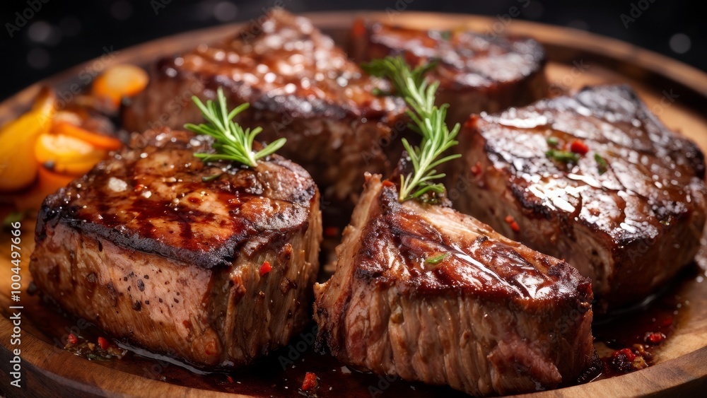 Grilled lamb steaks on a wooden plate. Grilled lamb steaks on a wooden plate.
