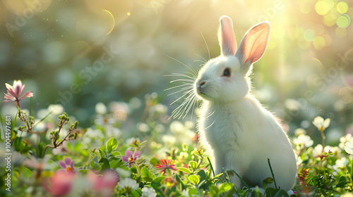 Adorable Baby Rabbit Among Spring Flowers and Green Grass