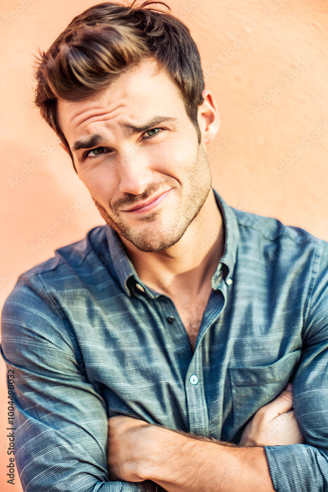 A man in his late 20s, raising one eyebrow with a smirk on his face. His arms are crossed, and his posture is relaxed but confident A man in his late 20s, raising one eyebrow with a smirk on his face. His arms are crossed, and his posture is relaxed but confident