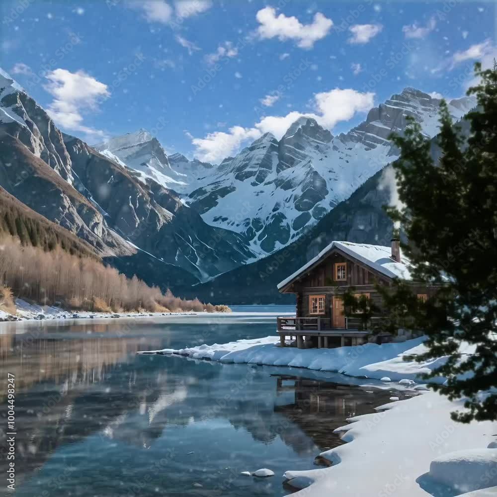 Mountain cabin by a serene lake with snowy peaks and evergreen trees under a clear blue sky, video HD Mountain cabin by a serene lake with snowy peaks and evergreen trees under a clear blue sky, video HD