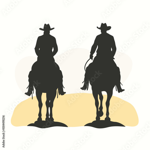 a black silhouette of two cowboys on horseback. The cowboys are facing each other and appear to be in a battle-ready stance 