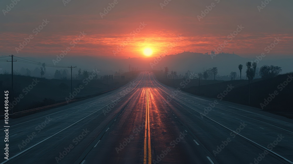 Obraz premium Sunrise Over a Serene Highway Landscape