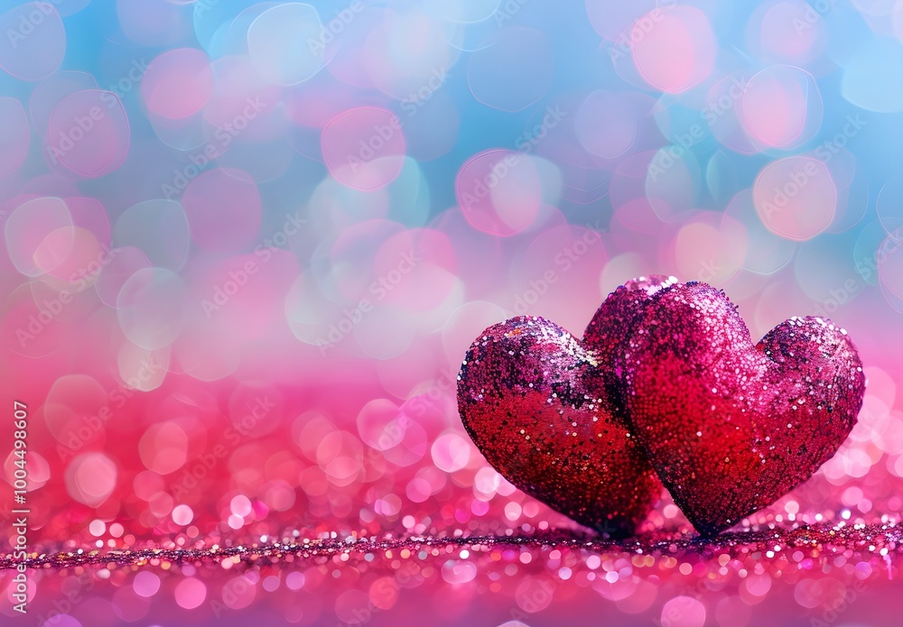Fototapeta premium Sparkling Red Hearts on Pink Glitter Background