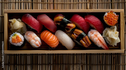 An exquisite fusion of Japanese cuisines, this sushi platter features a variety of nigiri and sashimi, elegantly arranged on a bamboo mat. photo