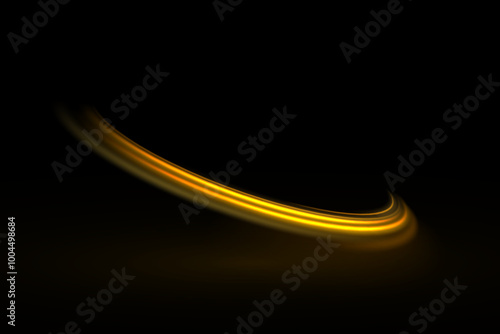 Golden glowing swirl. The effect of moving at the speed of light. Easy trail. Shiny wavy path. Vector.Neon light.