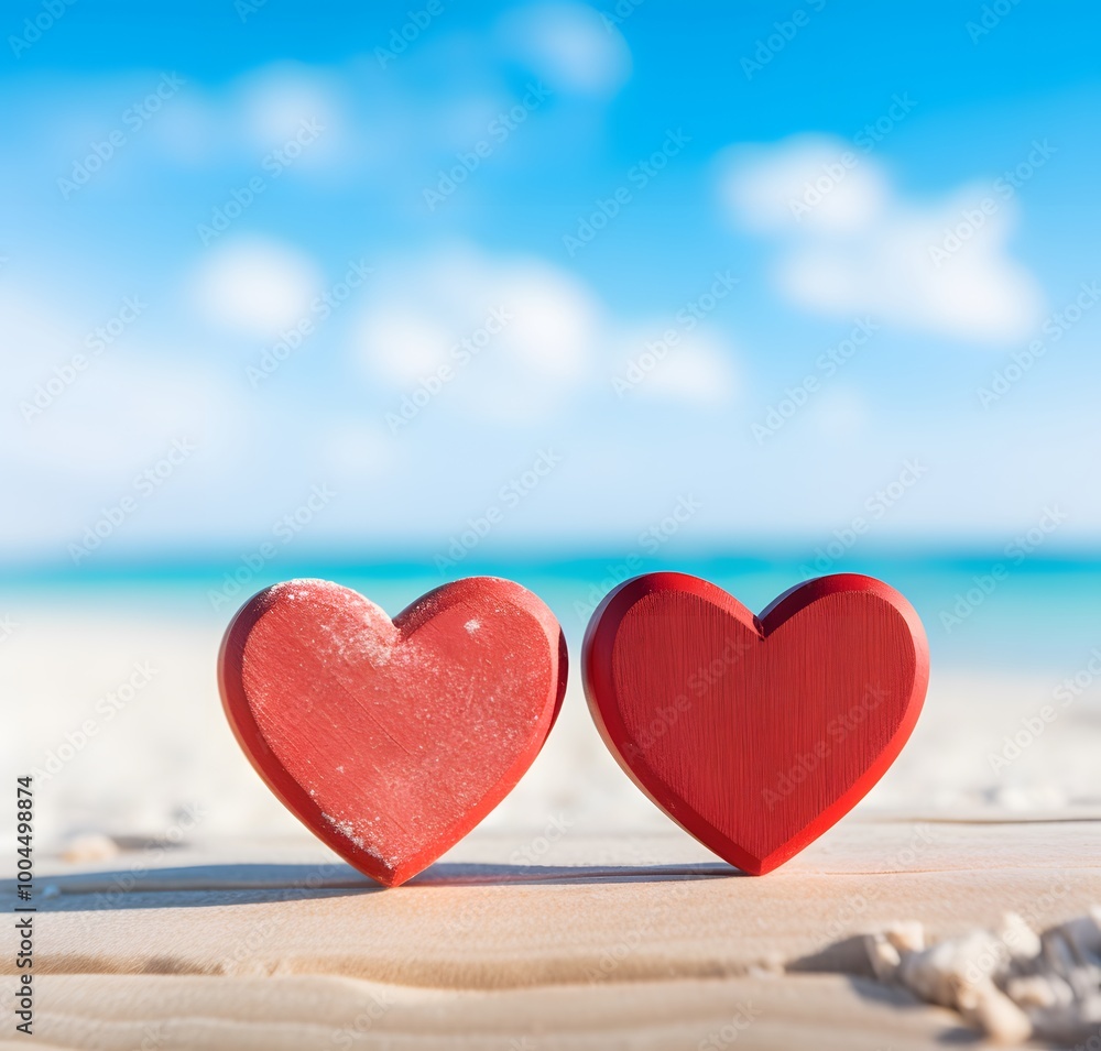 Fototapeta premium Two Red Wooden Hearts on Sandy Beach